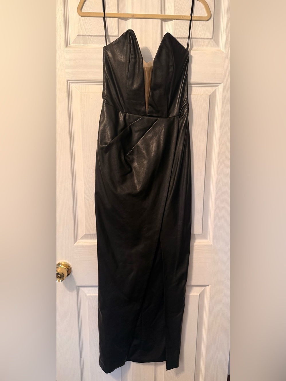 Michael Costello x Revolve. Black Faux-Leather Spaghetti Strap Evening Dress.